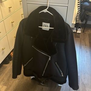 Zara black shearling biker-style jacket